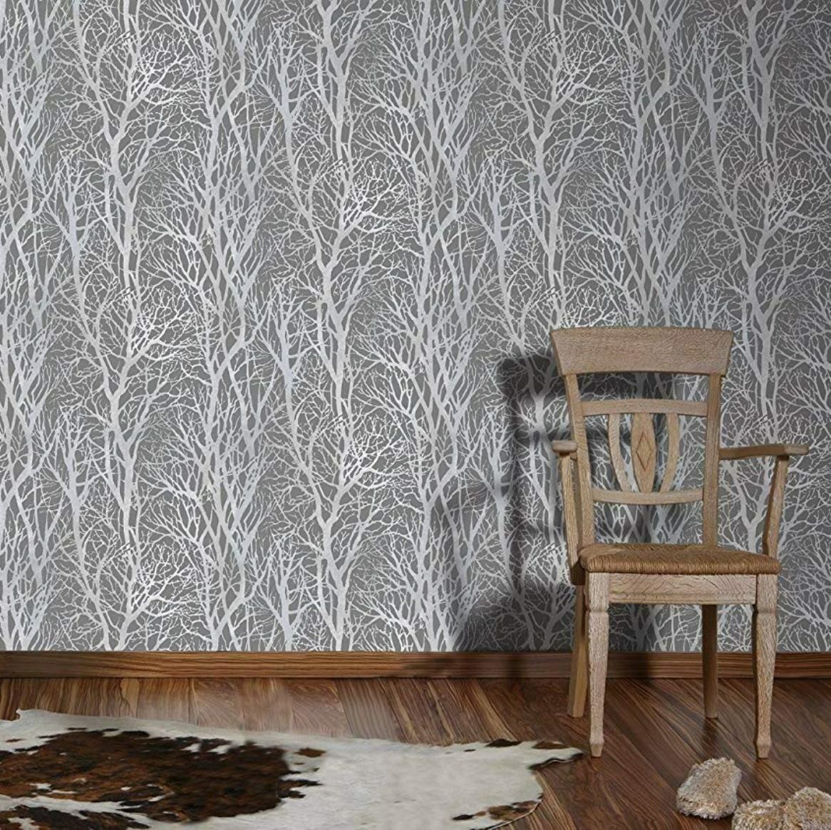 Trees Wallpaper silver WM30094301 dark Textured Metallic branches wallcoveringsmart – gray