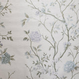WM8801901 Ivory cream faux grasscloth textured blue flowers floral tree wallpaper - wallcoveringsmart