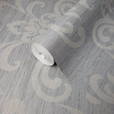 WM8801201 Damask Gray Silver metallic textured faux grasscloth texture wallpaper - wallcoveringsmart