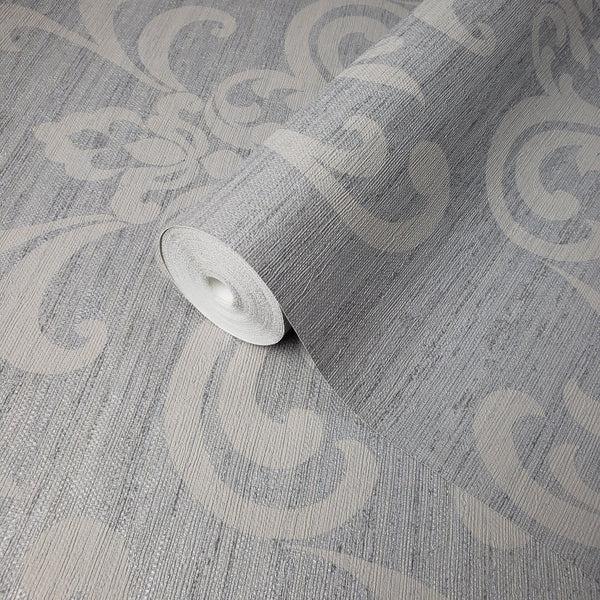 WM8801201 Damask Gray Silver metallic textured faux grasscloth texture ...