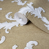 76063 Wallpaper gold metallic white damask faux sack cloth Textured