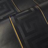 93524-4 Black Greek Key Gold Metallic Striped Wallpaper