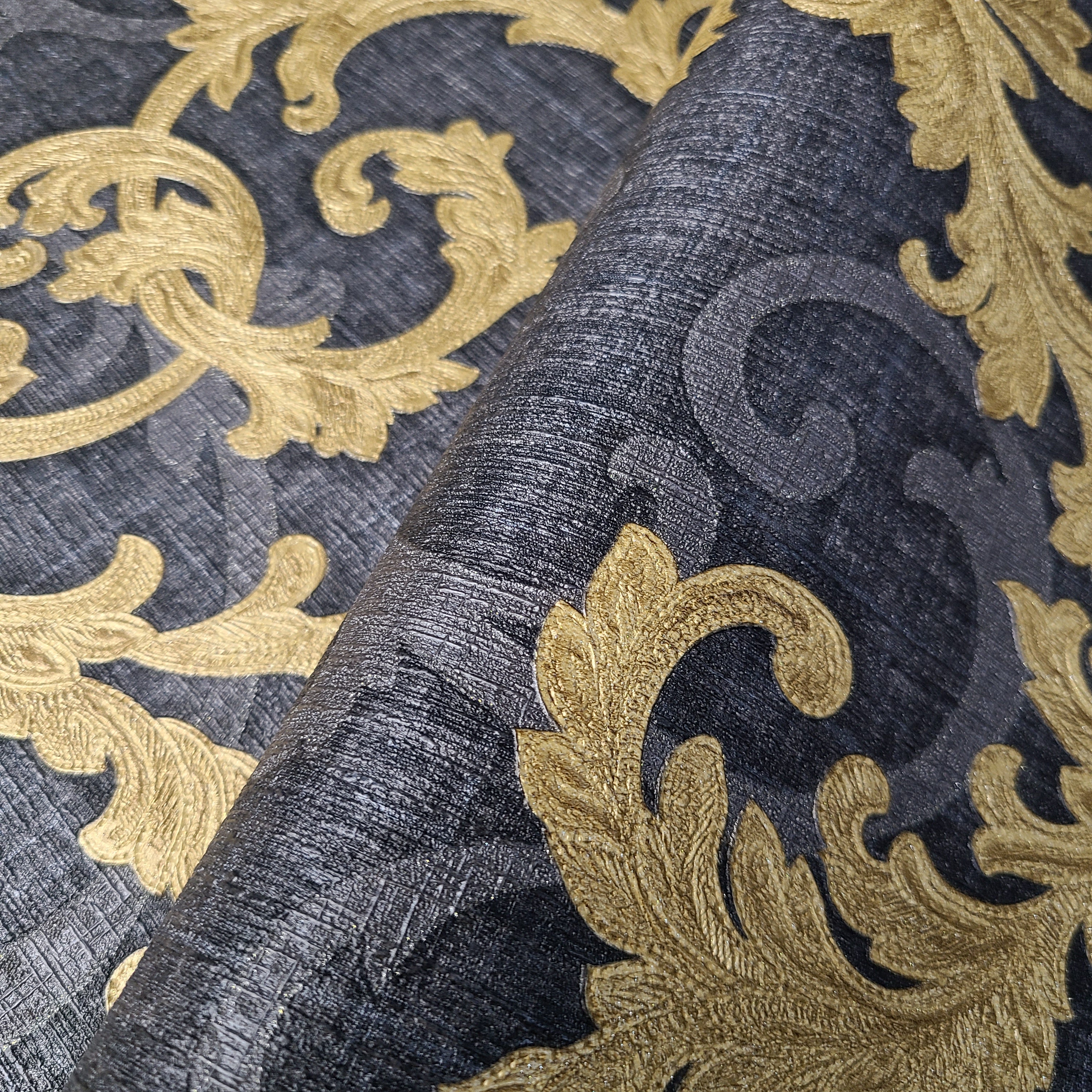 96231-6 Versace Calligraphy Black Gray Gold Barocco Designer Wallpaper –  wallcoveringsmart