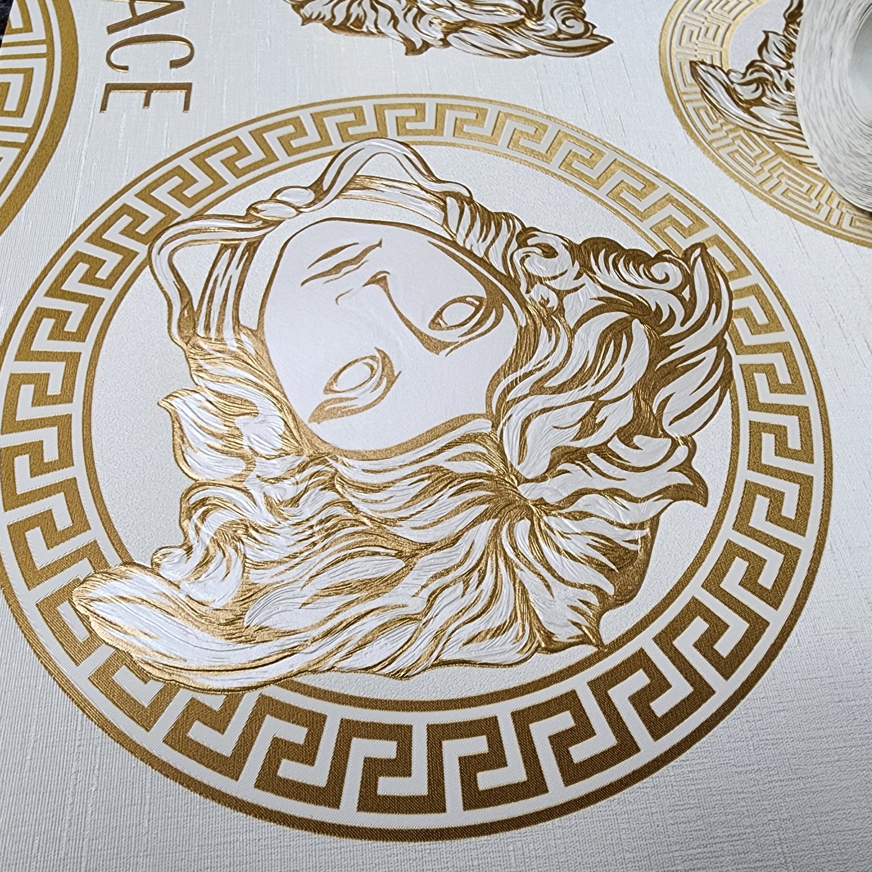 38611-5 Medusa Versace Off white gold metallic greek key circles textu –  wallcoveringsmart
