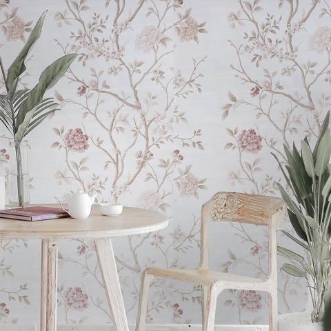 WM8801801 Pink cream faux grasscloth textured pinkish flowers floral tree wallpaper - wallcoveringsmart