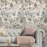 C791-10 Wallpaper gray off white vintage newspaper textured wallcoverings for kitchen 3D