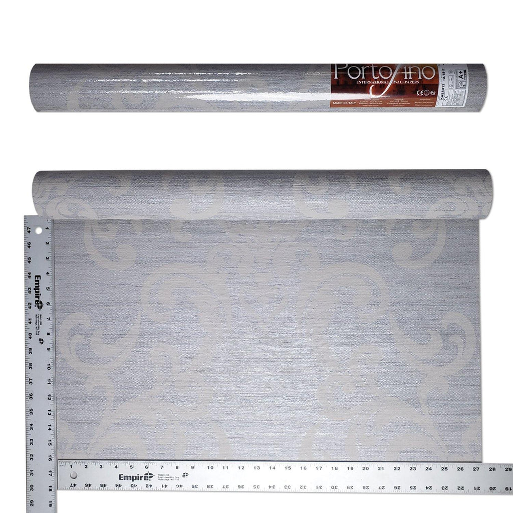WM8801201 Damask Gray Silver metallic textured faux grasscloth texture ...