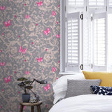 34325-5 Butterfly Barocco Fuchsia Gray Off-white Taupe Wallpaper - wallcoveringsmart
