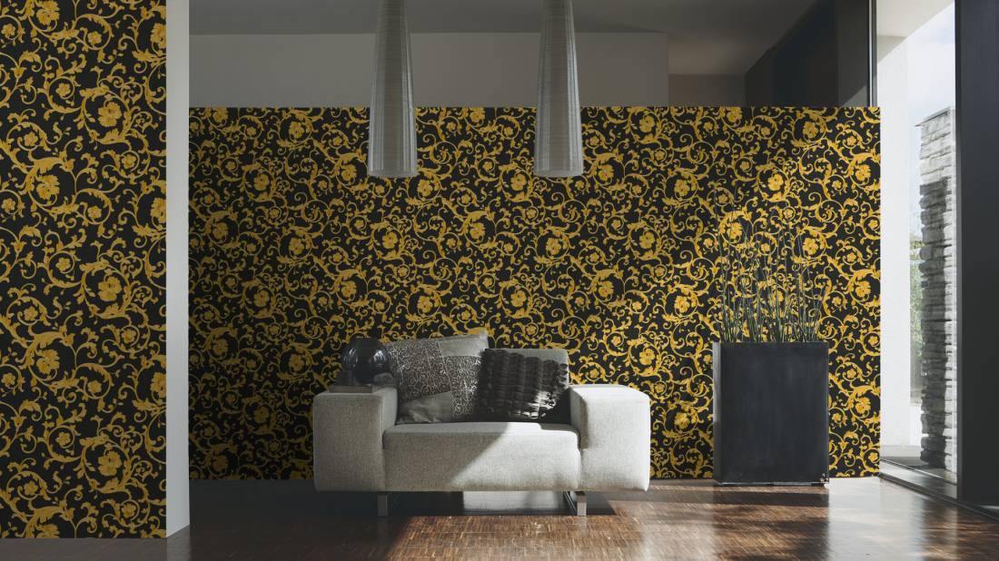 96231-6 Versace Calligraphy Black Gray Gold Barocco Designer Wallpaper –  wallcoveringsmart