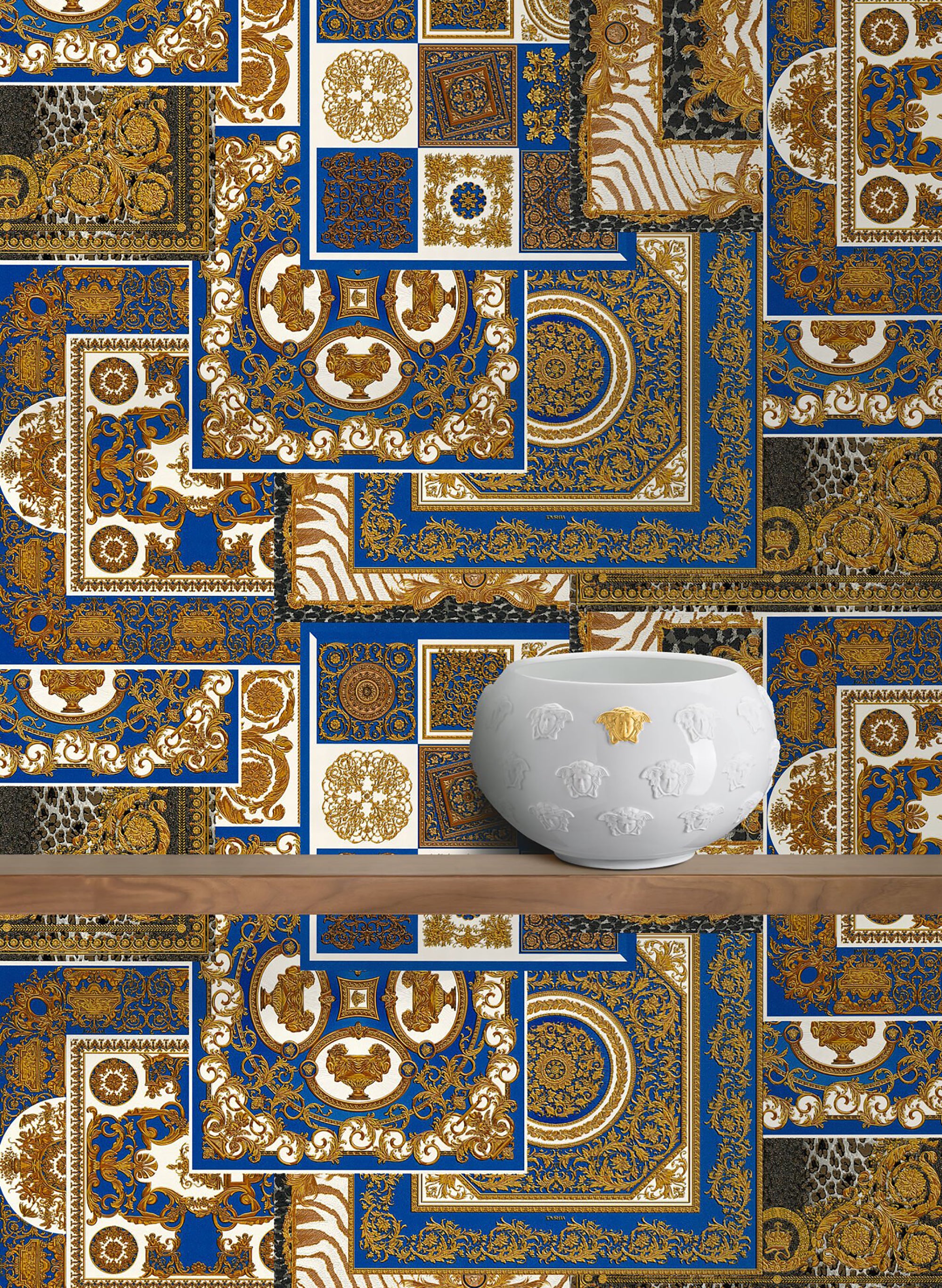 37048-1 Deconpage Blue Gold Versace Wallpaper – wallcoveringsmart