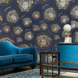38611-3 Versace Blue Bronze Brass Medusa Wallpaper living room