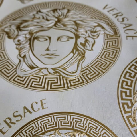 38611-5 Medusa Versace Off white gold metallic greek key circles textu ...