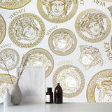 38611-5 Versace Off-White Gold Brass Medusa Wallpaper interior