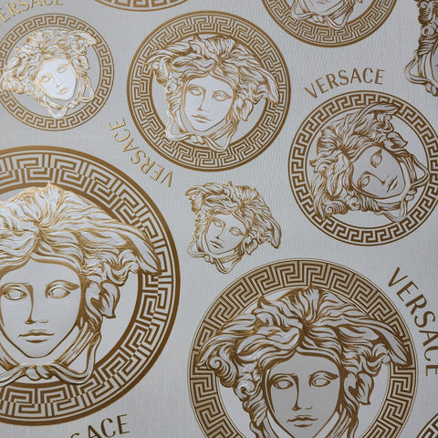 38611-5 Medusa Versace Off white gold metallic greek key circles textu ...