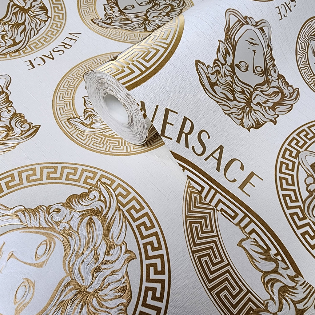 38611-5 Medusa Versace Off white gold metallic greek key circles textu ...