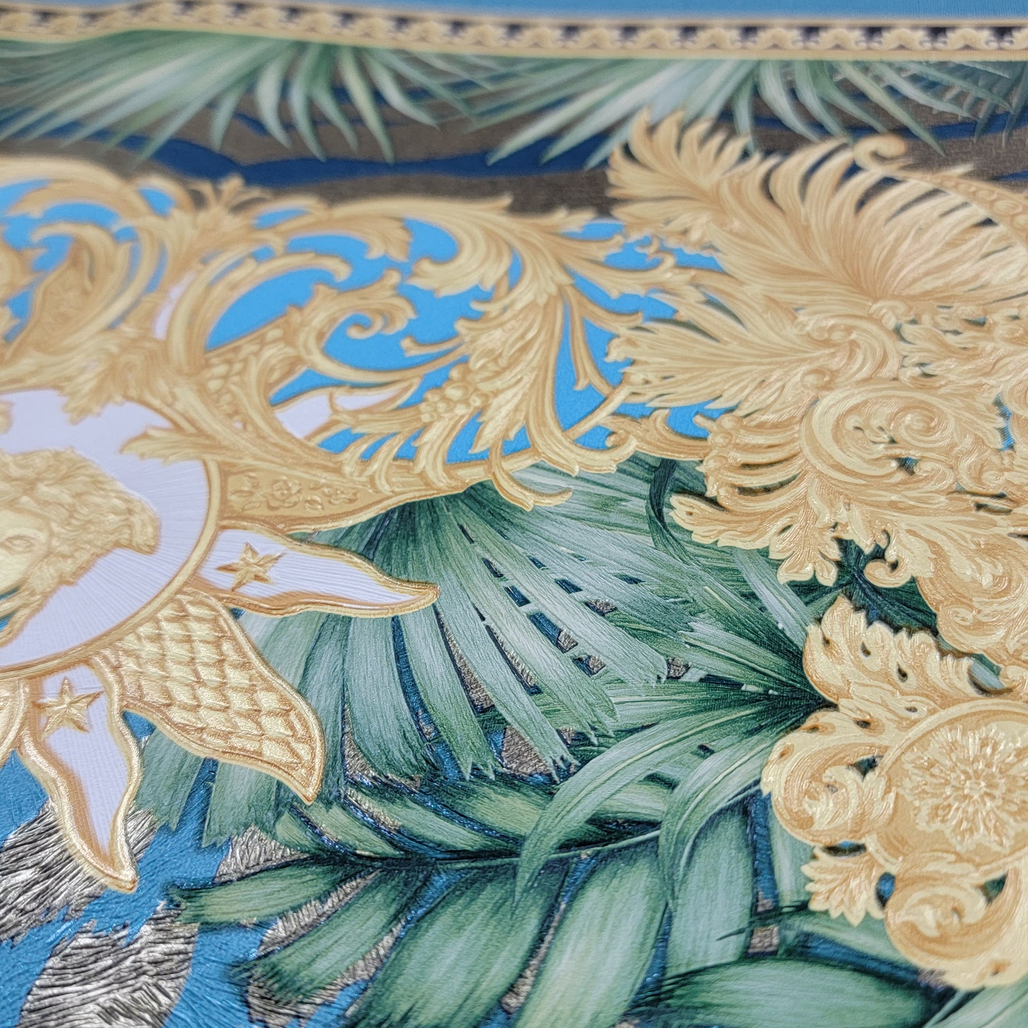 38703-2 Versace Teal Tropical Palm Leaf Gold Blue Wallpaper –  wallcoveringsmart