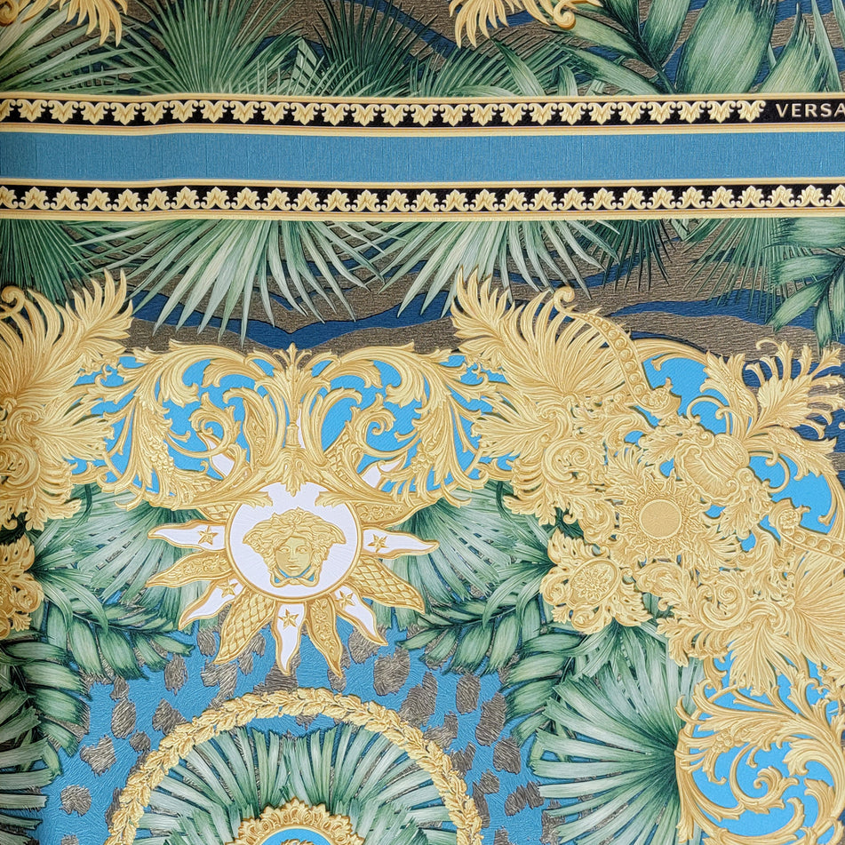 38703-2 Versace Teal Tropical Palm Leaf Gold Blue Wallpaper 