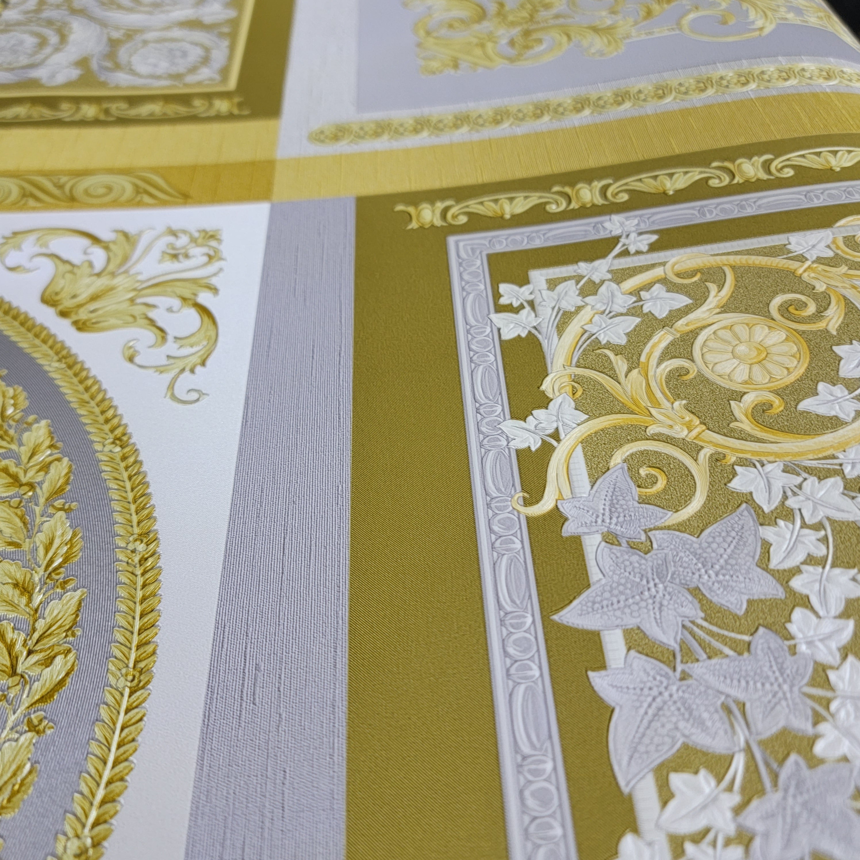 38704-5 Versace Gray Gold Baroque Multi Panel Wallpaper – wallcoveringsmart
