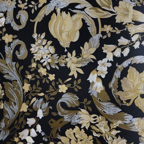 38706-5 Floral Barocco Black Gold Silver Metallic Textured Versace Wallpaper