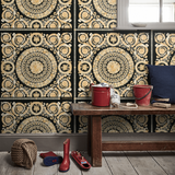 37055-3 Heritage Square Barocco Black Gold Textured Wallpaper - wallcoveringsmart