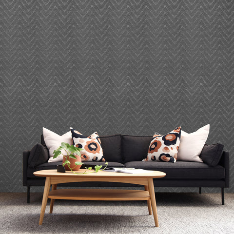 WMNF23203501 Faux chevron plaster textured charcoal Black Wallpaper