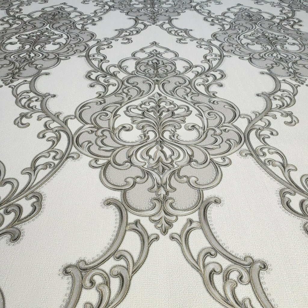 8611-03 Victorian Vintage damask white gray bronze gold Textured Wallp ...