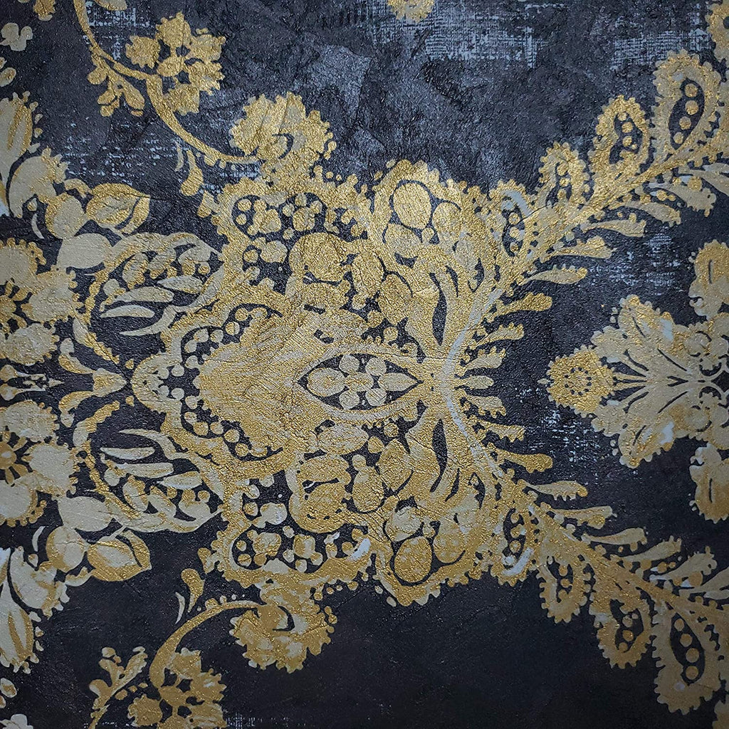 76011 Portofino Textured black gray gold Metallic Floral damask 3D Wal ...