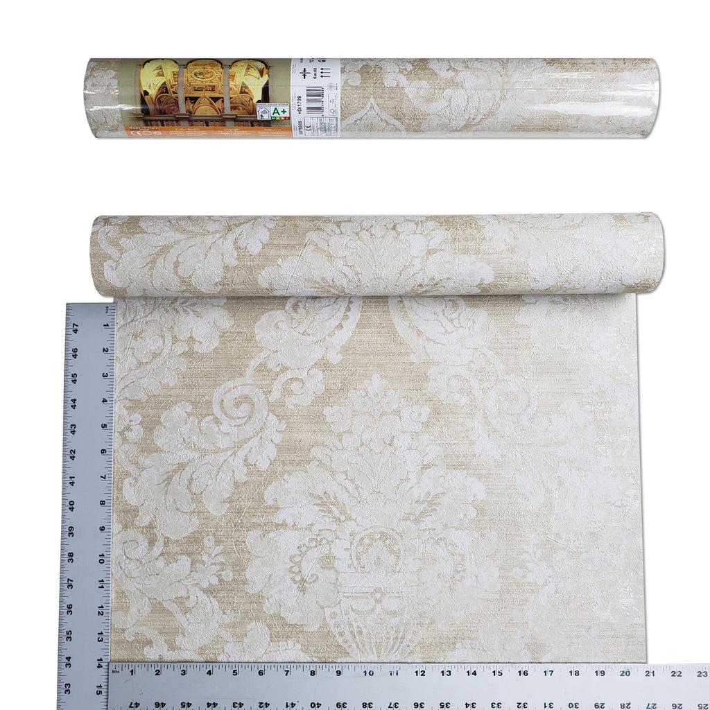 75905 Victorian Wallpaper brass Gold Metallic off white beige damask T ...