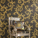 96231-6 Versace Calligraphy Black Gray Gold Barocco Designer Wallpaper on the wall