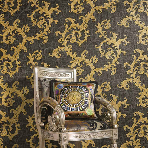 96231-6 Versace Calligraphy Black Gray Gold Barocco Designer Wallpaper on the wall
