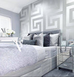 93523-5 Greek Key Gray Silver Metallic Shiny Textured Wallpaper