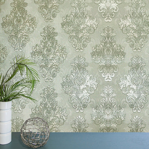 Vintage paper Wallpaper damask gray green metallic cream textured 