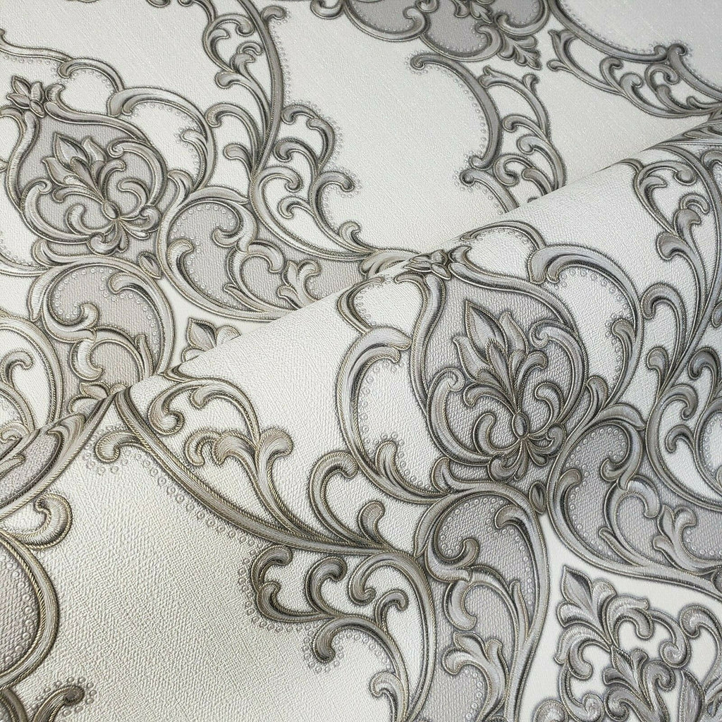 8611-03 Victorian Vintage damask white gray bronze gold Textured Wallp ...