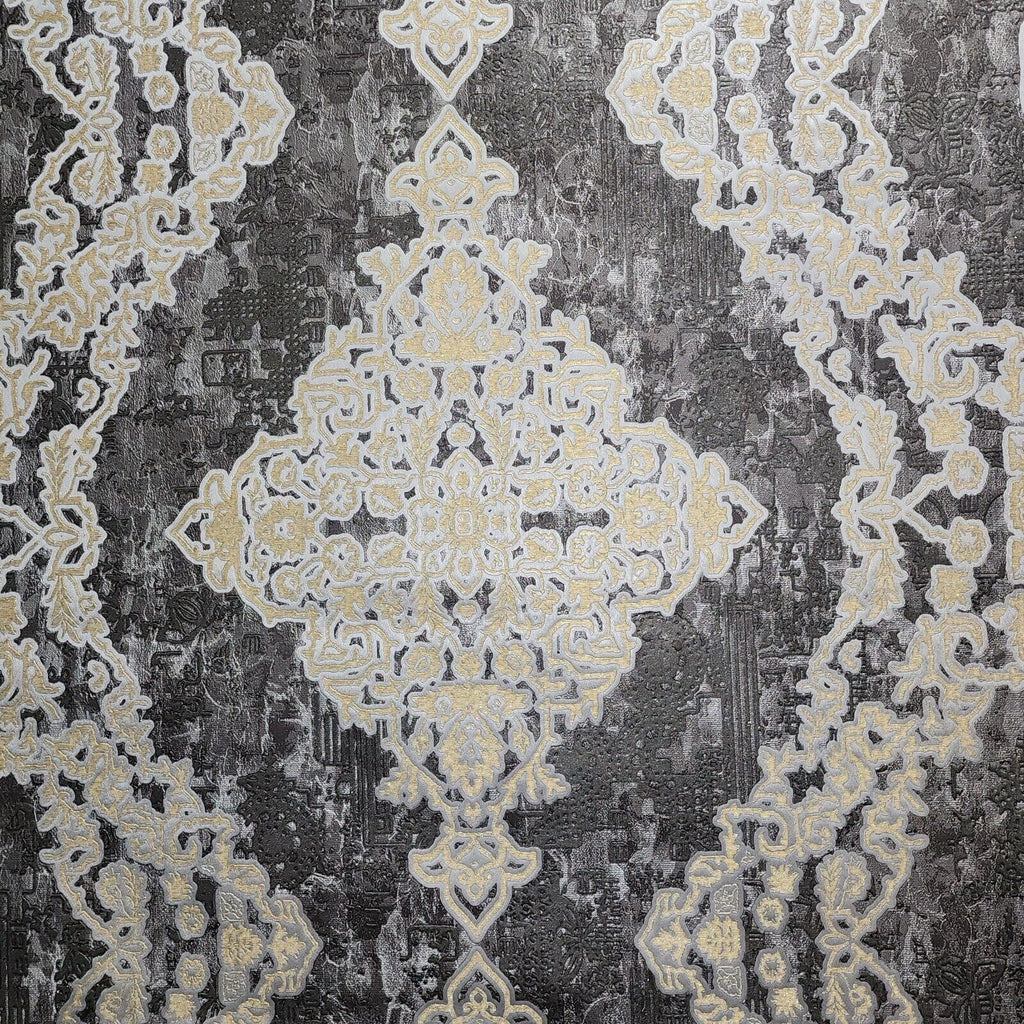 Z21024 Black gray silver gold Metallic Victorian damask faux fabric te ...