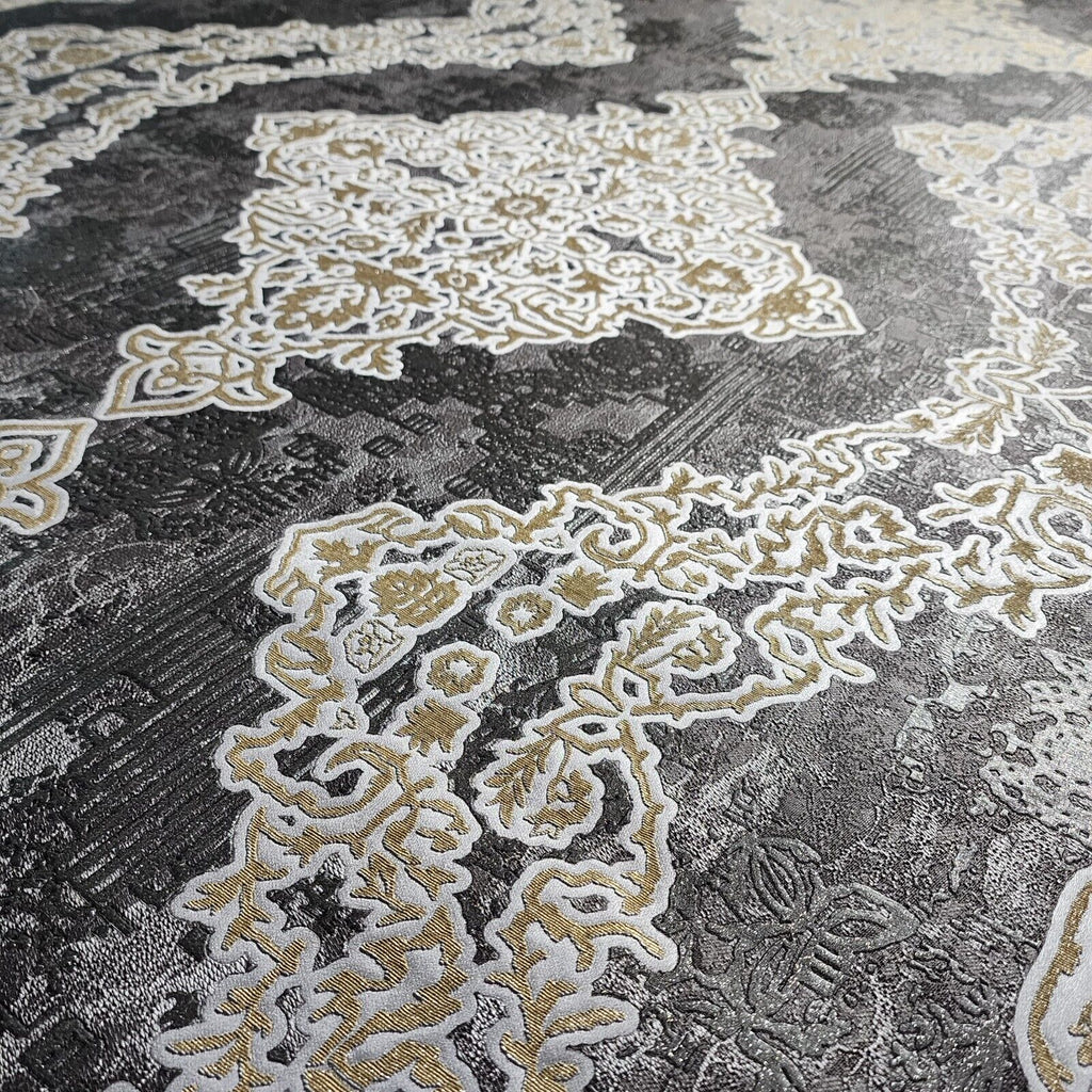 Z21024 Black gray silver gold Metallic Victorian damask faux fabric te ...