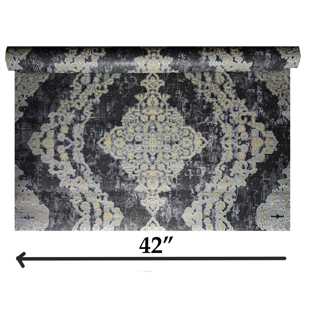 Z21024 Black gray silver gold Metallic Victorian damask faux fabric te ...