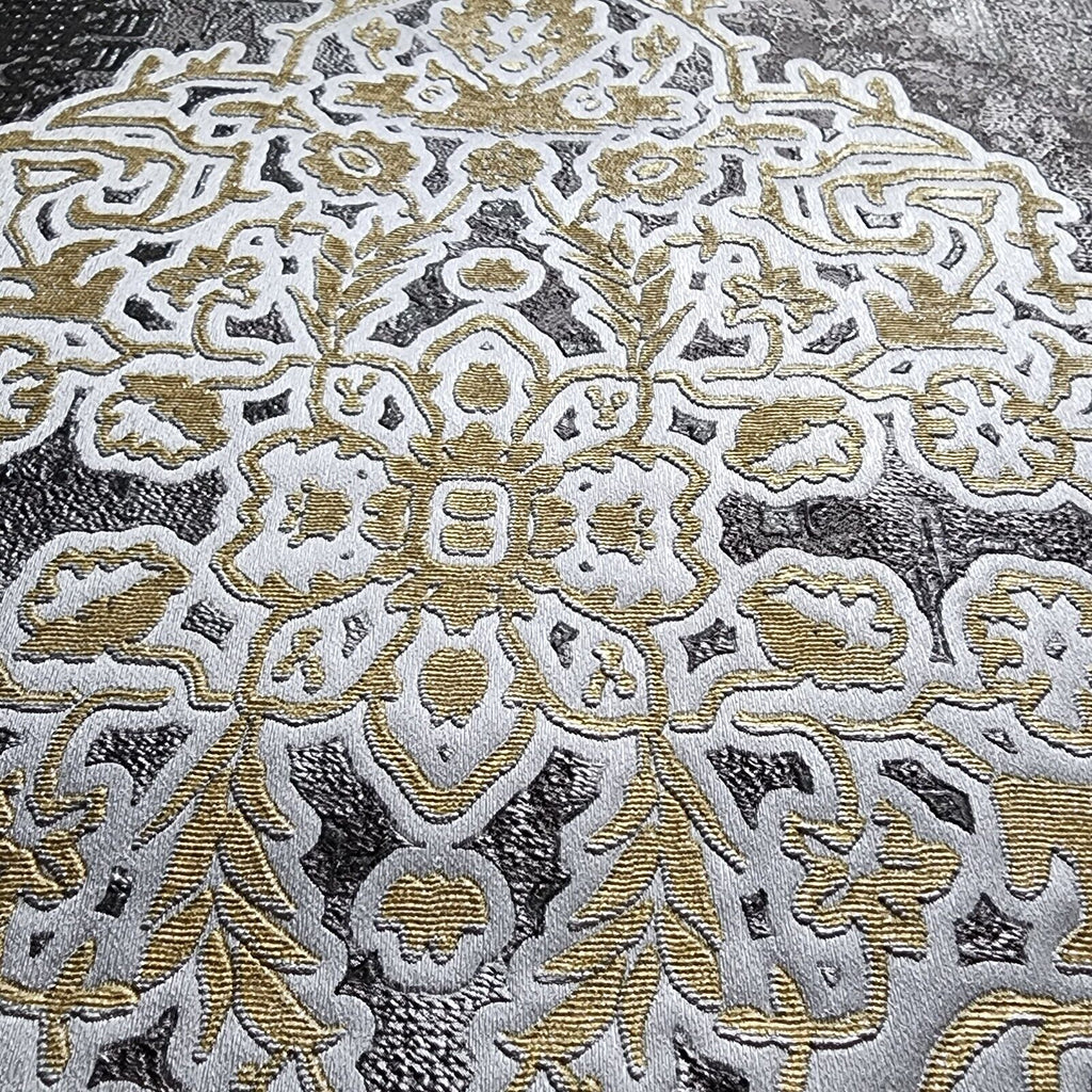 Z21024 Black gray silver gold Metallic Victorian damask faux fabric te ...