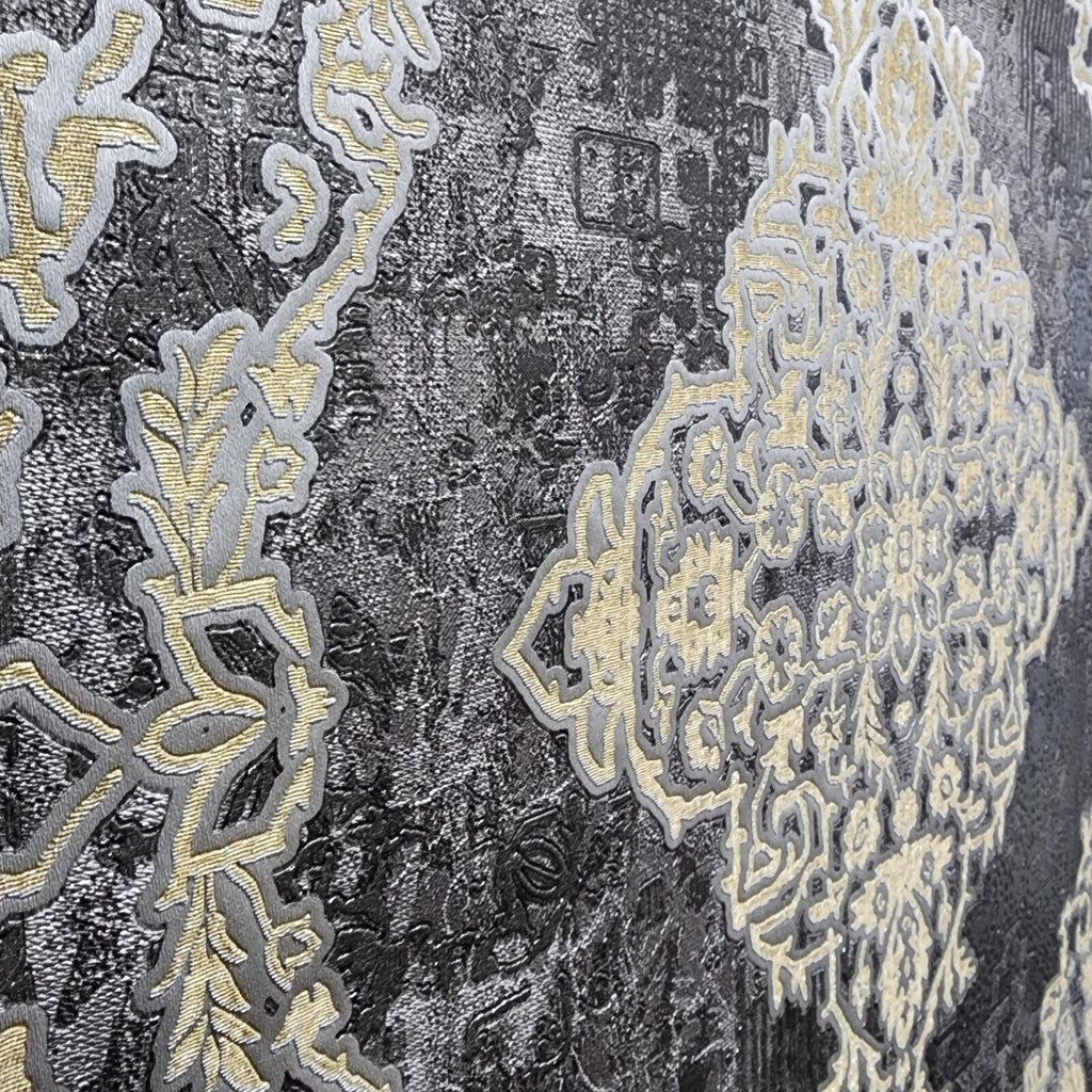 Z21024 Black gray silver gold Metallic Victorian damask faux fabric te ...