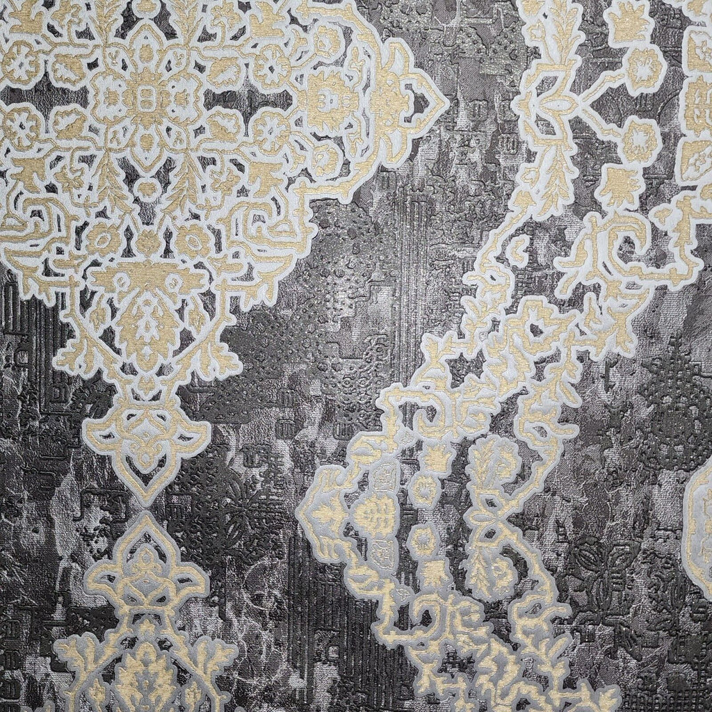 Z21024 Black gray silver gold Metallic Victorian damask faux fabric te ...