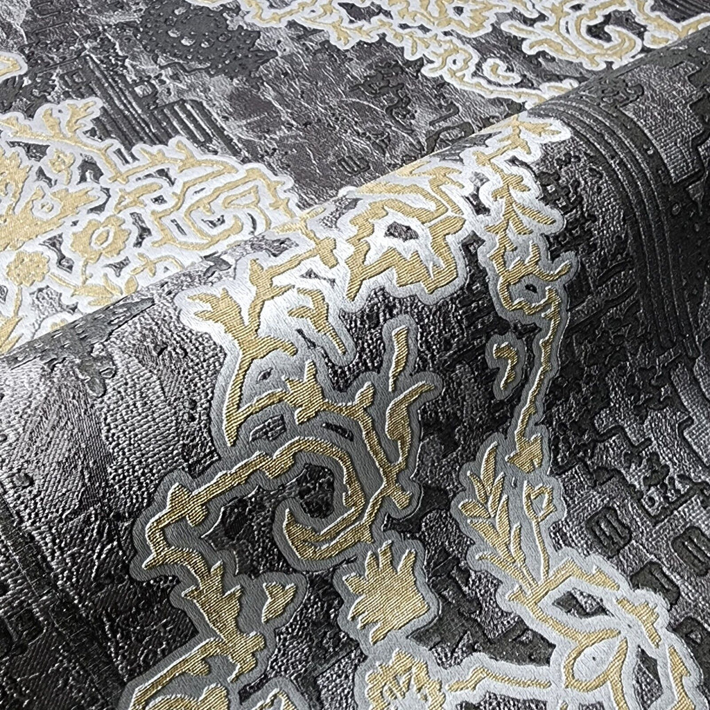 Z21024 Black gray silver gold Metallic Victorian damask faux fabric te ...