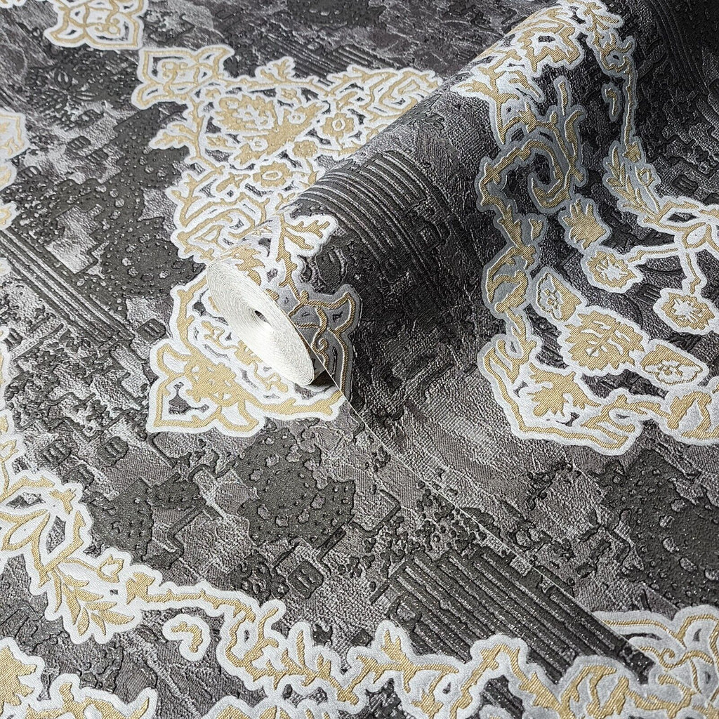Z21024 Black gray silver gold Metallic Victorian damask faux fabric te ...