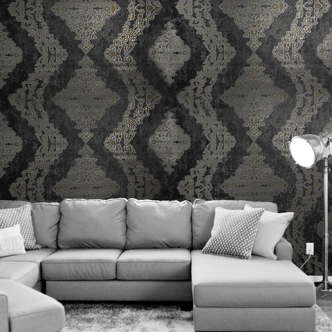 Z21024 Black gray silver gold Metallic Victorian damask faux fabric textured Wallpaper