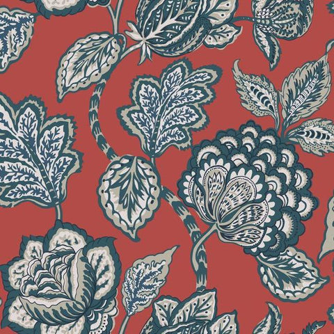 CY1536 Conservatory Blue Red Midsummer Jacobean Wallpaper