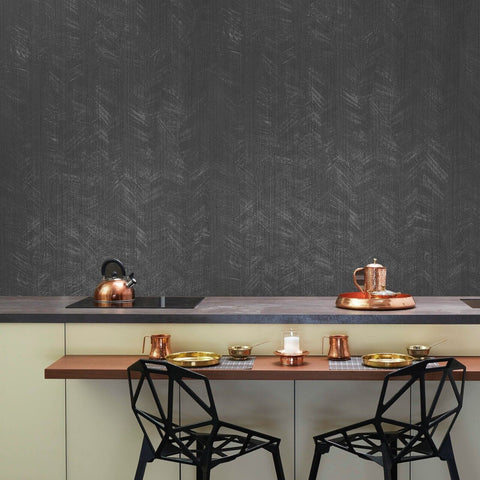Z54548 Charcoal black Textured abstract herringbone Lines faux fabric texture wallpaper