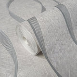M50012 Contemporary Wallpaper Gray off white cream tiles wavy lines textured roll