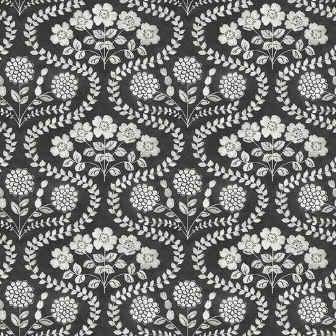 FH4022 York Farmhouse Folksy Floral Rustic Black Off White Wallpaper
