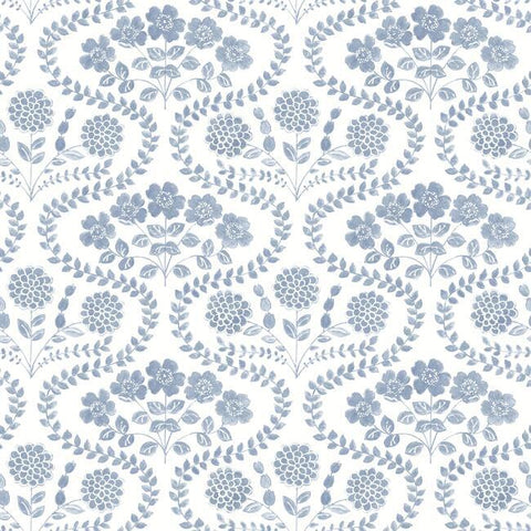 FH4023 York Farmhouse Folksy Floral Rustic Blue White Wallpaper