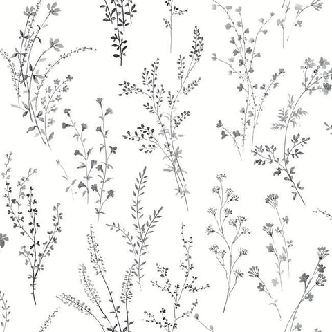 FH4026 York Farmhouse Wildflower Sprigs White Gray Wallpaper