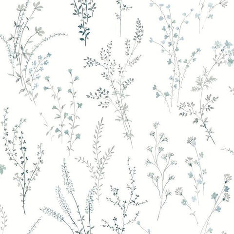 FH4027 York Farmhouse Wildflower Sprigs White Blue Wallpaper