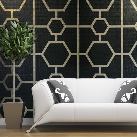 Z80023 Geometric Hexagon black gold metallic trellis lines wallpaper textured alligator